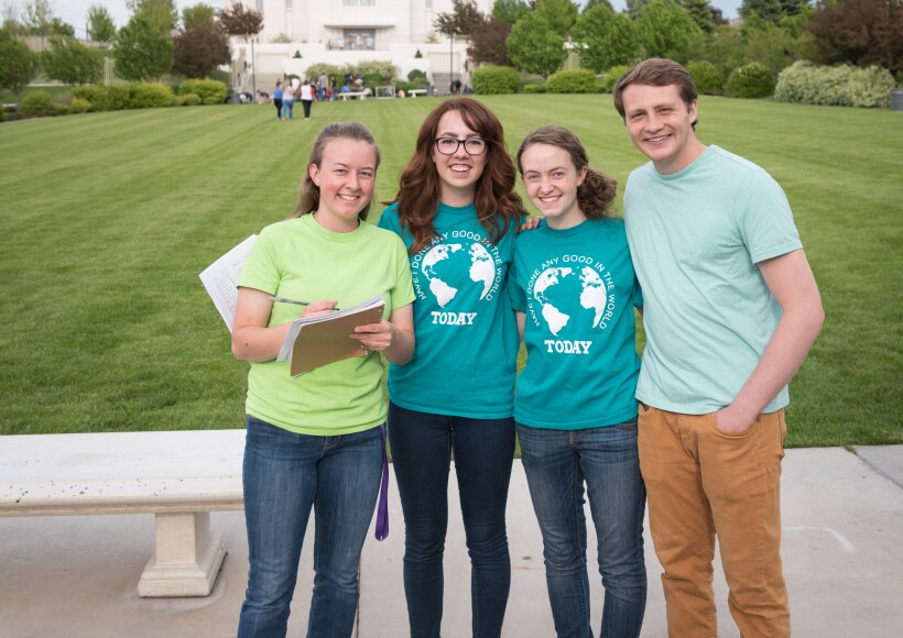 Four BYU-Idaho students lead out in an I-Serve project to beautify the grounds at the Rexburg Idaho Temple.