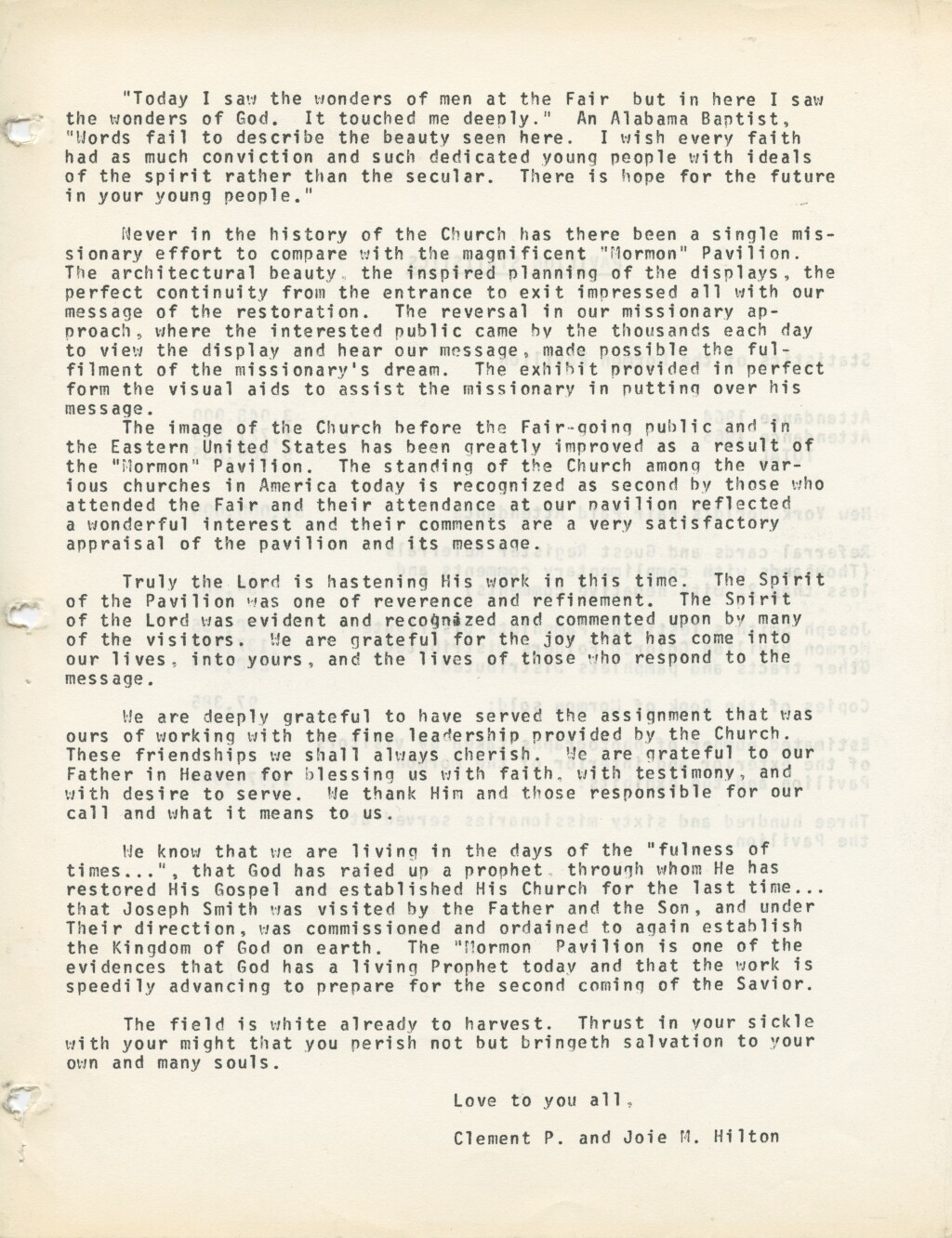 Letter from Clement and Joie Hilton