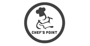 Chef's Point Logo "CHEF'S POINT" written in grey; cartoon, grey-colored outline of a chef holding a mixing spoon above words; white background and grey outline.