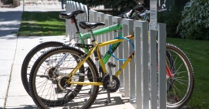 Bicycles parked at a bike stall on the BYU-Idaho campus.