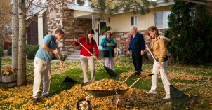 Three BYU-Idaho students ran leaves for an elderly couple as part of a Just Serve.org project.