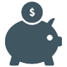 An icon of a piggy bank with a dollar coin on top, representing savings.