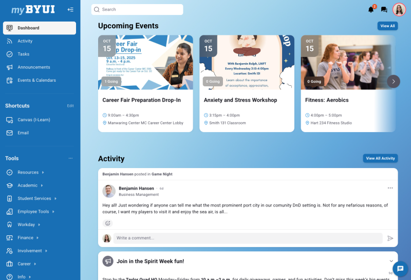 myBYUI Screenshot with Events Thumbnail