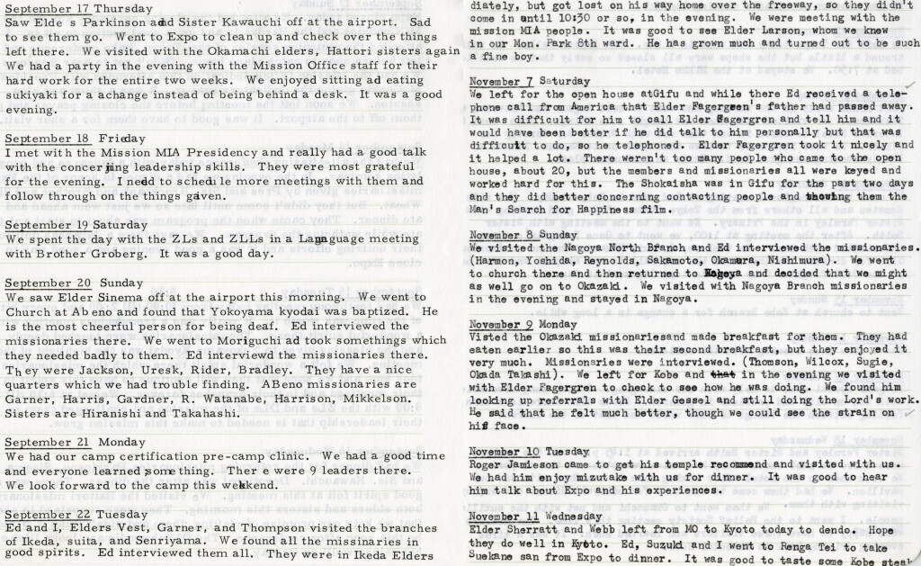 Sept. 17-22 - Nov. 7-11 1970 - Expo Pavilion Clean Up & Elder Gessel Mentioning