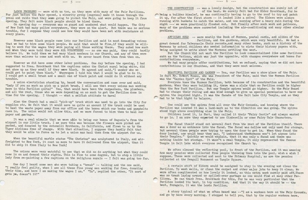 Pgs.5&6-Remembrances of the Mormon Pavilion- Labor Problems, Construction, Articles Sold, and Beautiful Gardens