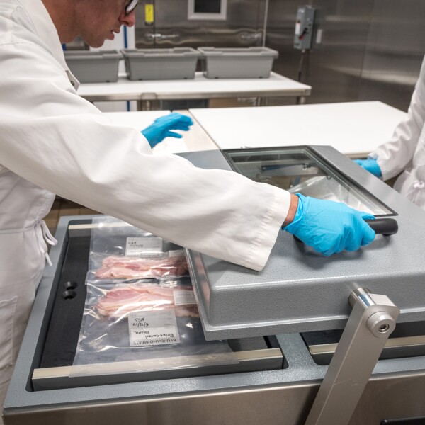 Students using a vacuum sealer to seal packages of bacon.