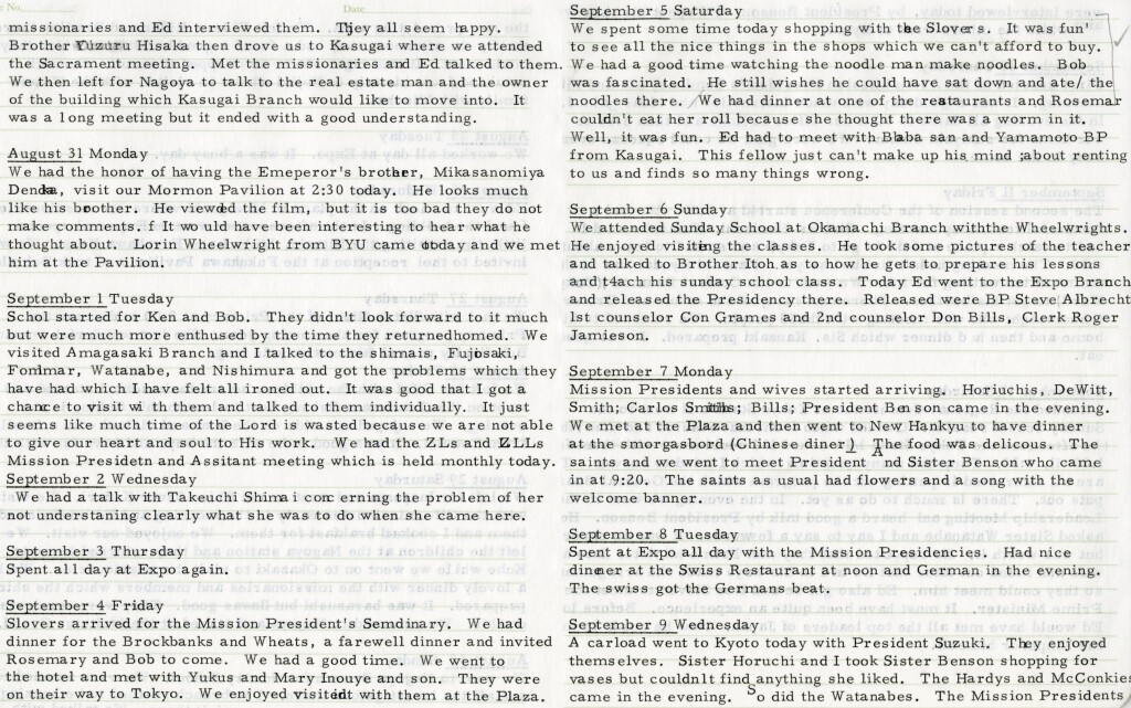 Aug. 31 - Sept. 9, 1970 - Another Visit from a Royal Family & Elder Benson & Mission Presidencies