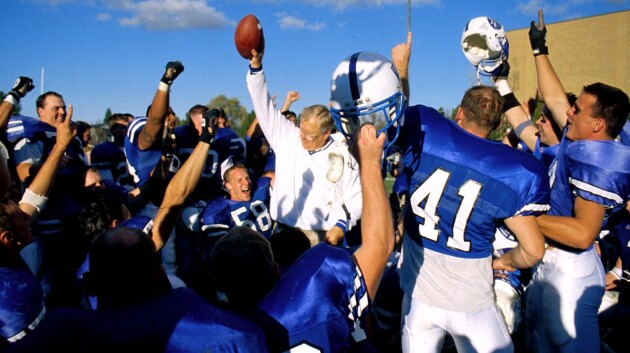 Coach Haun celebrating with the Ricks College football team in 1998