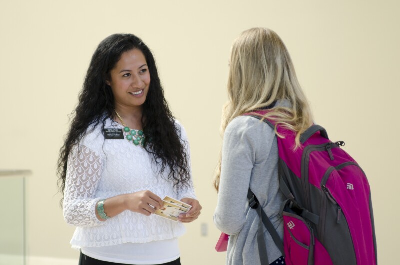 Sister missionaries on Campus talking to BYU-Idaho students