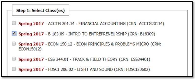 A screenshot of list of classes and available semester with small, square checkboxes on the left-hand side.