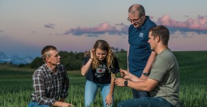 An AgriBusiness professor and students study a field.