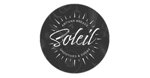 Soleil logo with "ARTISAN BREADS; SMOOTHIES & SODAS" surrounding the word "Soleil" written in cursive