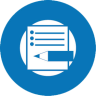 A circular icon with a pencil and a sheet of paper with three dots and lines in the center.