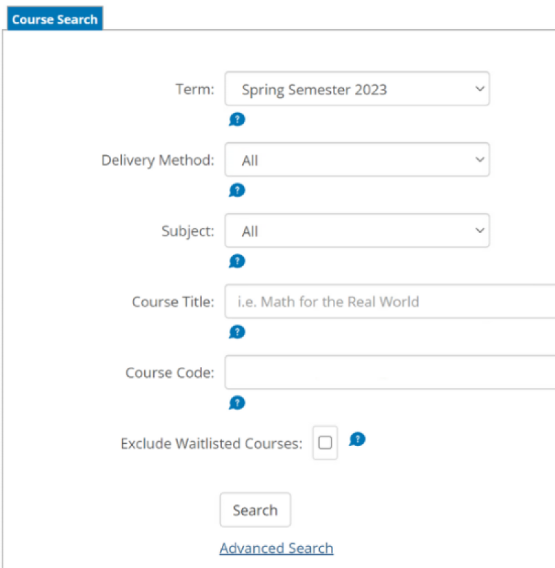 The image shows a course search page with drop-down fields for the desired school term, delivery method, subject, course title, course code, and an exclude waitlist courses option. A button is at the bottom that says search. Advance search link is below the search button.