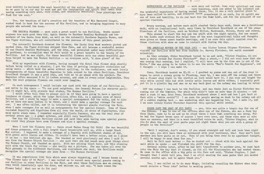 Pgs.7&8-Remembrances of the Mormon Pavilion- The Book of Mormon, The Begonia Flowers, Experiences at the Pavilion, The American Mother of the Year 1965, Elder Lost the Seat of His Pants