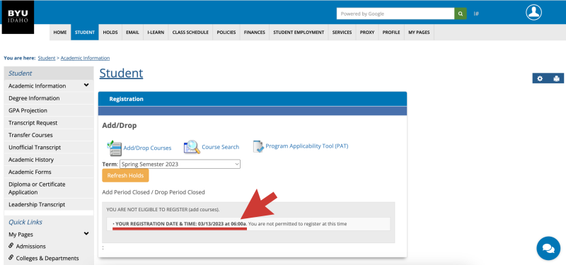 The image shows a screenshot of the Student registration page in my BYUI. The next eligible registration date and time are located at the bottom of the screen. A large arrow on the image points to where this information is found at the bottom of the screen.