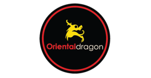 Oriental Dragon Logo "Oriental" written in red; "dragon" written in white; yellow dragon silhouette above words with black background and red outline.