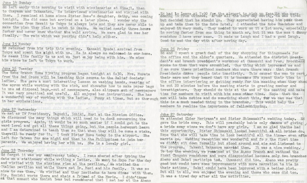 June 14 - 18, June 26 - 27, 1970 - Expo Visit & Pres. Brockbank