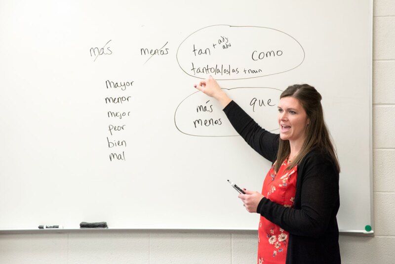 Teacher teaching nest to whiteboard