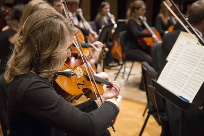 Closeup of violinists in the University Orchestra