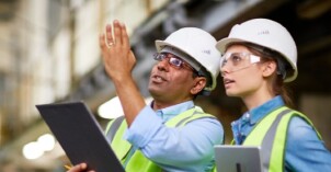 Two people in construction gear study a structure.