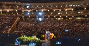 Students gather in the BYU-Idaho Center to listen to President Alvin F. Meredith III and Sister Jennifer Meredith speaking in the first devotional of fall semester, in Rexburg, Idaho, on Sept. 16, 2025