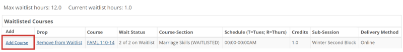 The image shows a student back into the registration menu and looking at the course list. There is an option to Add Course on the left side of the waitlisted class. Next to the Add Course option is an option to Remove from Waitlist.