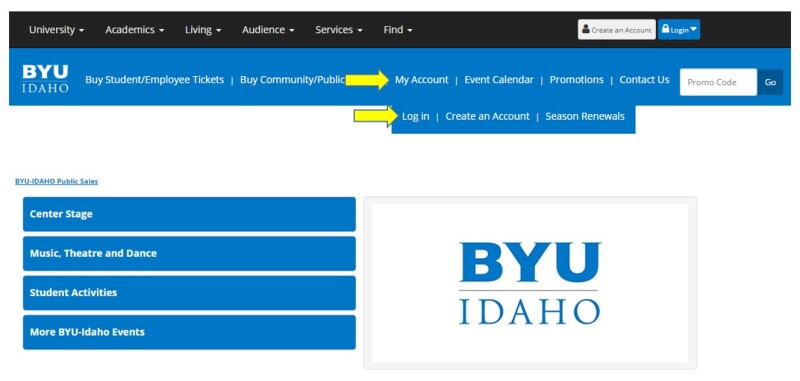 Screenshot of BYU-Idaho Center Stage ticket renewal page with arrows pointing to MY Account and a dropdown menu to Log In.