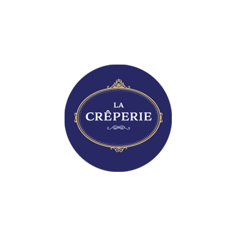 La Creperie logo "LA CREPERIE" written in white; small white detailing underneath words; dark blue background with gold detailing as outline.