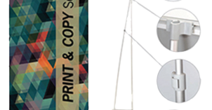 Image of tension poster stand with its base and four parts magnified for detail.