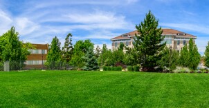 A panoramic view of several campus buildings with a verdant lawn in the foreground.