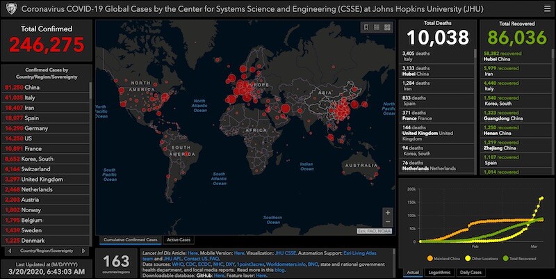 A map showing COVID19 cases in the world