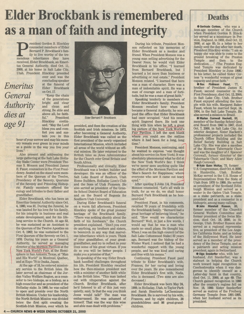 Elder Brockbank remembered as a man of faith and integrity joined