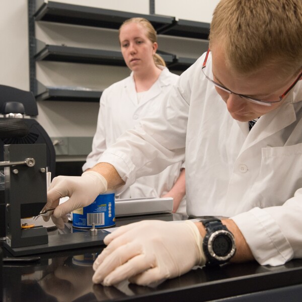 Two students working in the Food Science lab