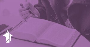 Student reading scriptures with a purple overlay.
