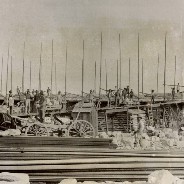 Pioneer photograph of Ricks Academy Building under construction in 1902