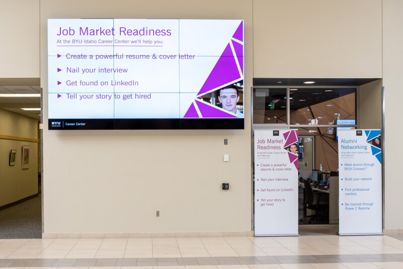 A picture of one of the many video walls portrayed around campus