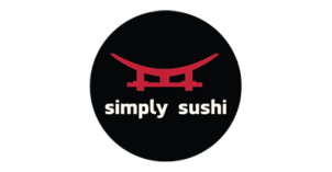 Simply Sushi Logo "simply sushi" written in white; red silhouette of the roof of a Japanese temple; black background.