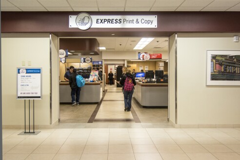 Photo of the entrance to the Express Print and Copy Office in BYU-Idaho's Manwaring Center.
