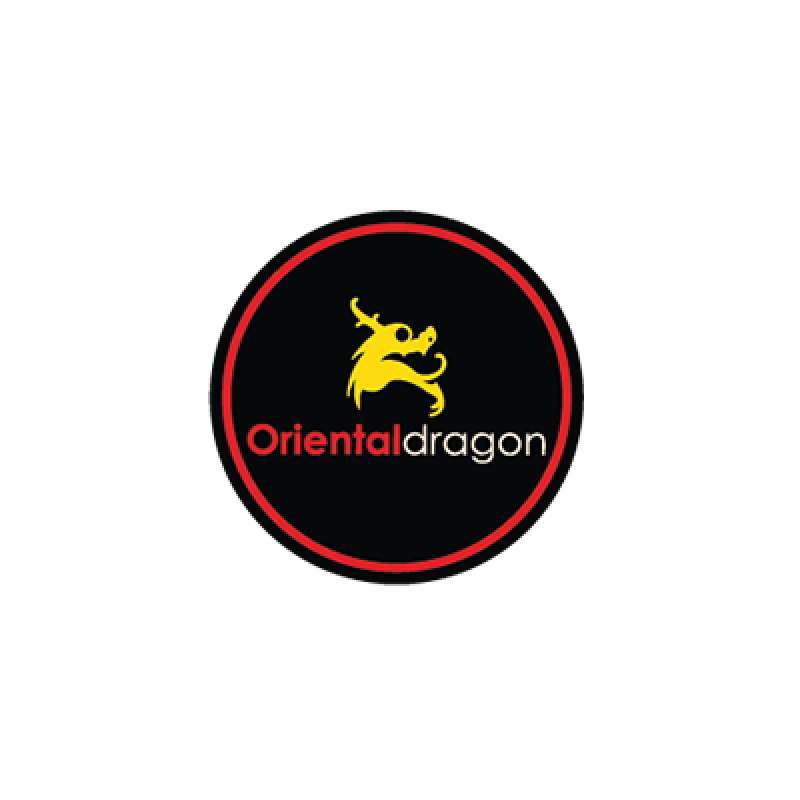 Oriental Dragon Logo "Oriental" written in red; "dragon" written in white; yellow dragon silhouette above words with black background and red outline.
