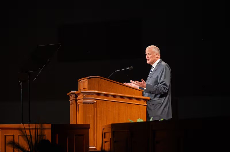 Elder David P. Homer, a General Authority Seventy, addresses BYU–Idaho students May 20, 2025, at campus devotional in Rexburg, Idaho.