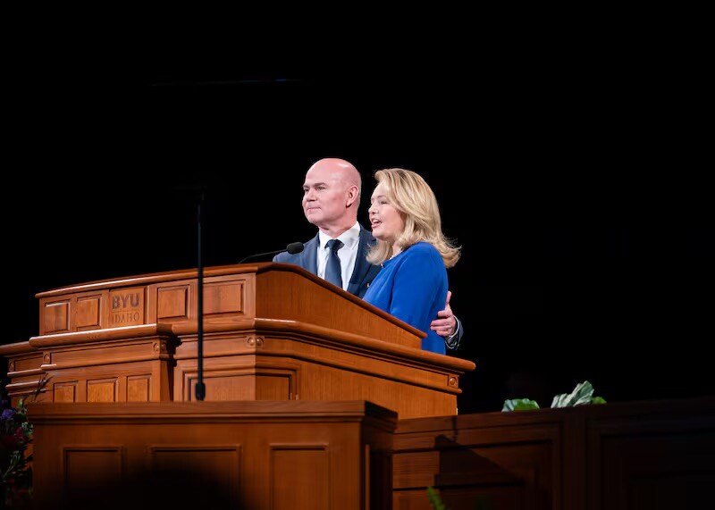 President Alvin F. Meredith III and Sister Jennifer Meredith speak at the Fall 2025 semester-opening devotional held in the BYU–Idaho Center on Sept. 16, 2025, in Rexburg, Idaho.