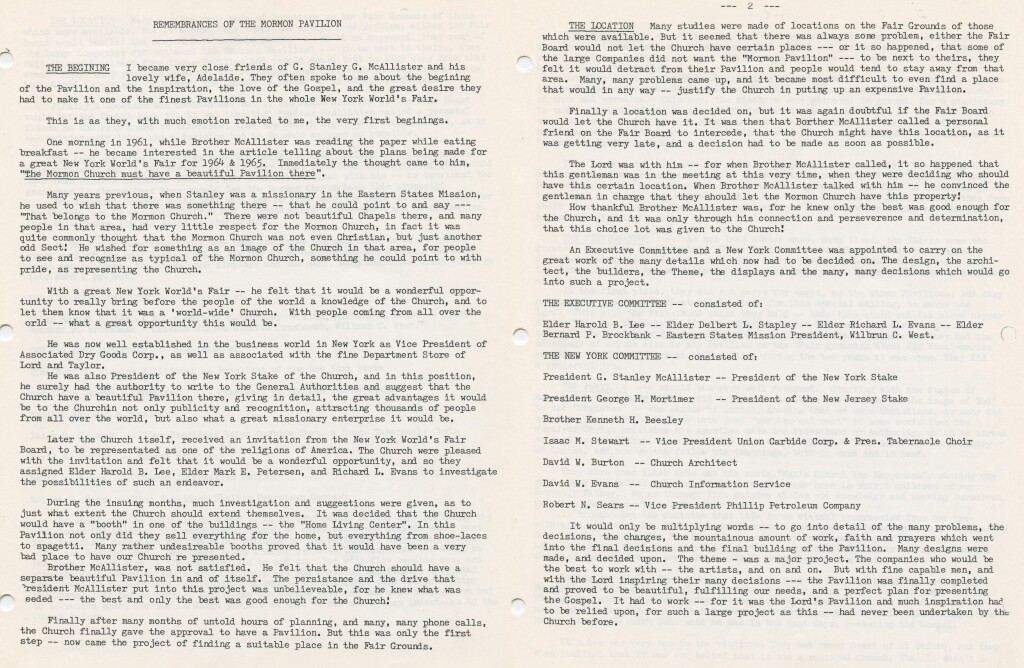 Pgs.1&2-Remembrances of the Mormon Pavilion- The Beginning of the NY World Fair & The Location, The Executive Committee