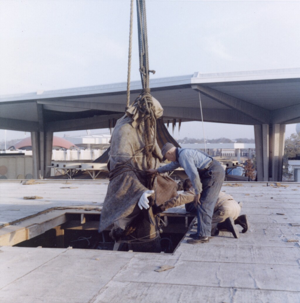 Christus Statue Being Lowered Through Roof