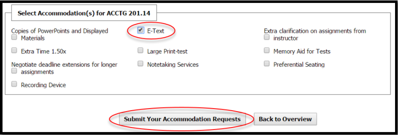 A screenshot of customized accommodations that lists materials, extra time, negotiate deadline extensions for assignments, recording devices, e-text, large print test, note taking services, extra clarification on assignments from instructor, memory aid for tests, and preferential seating. The checkbox for e-text is checked and circled. A button at the bottom that reads Submit Your Accommodation Requests is also circled. It is next to another button that reads Back to Overview.