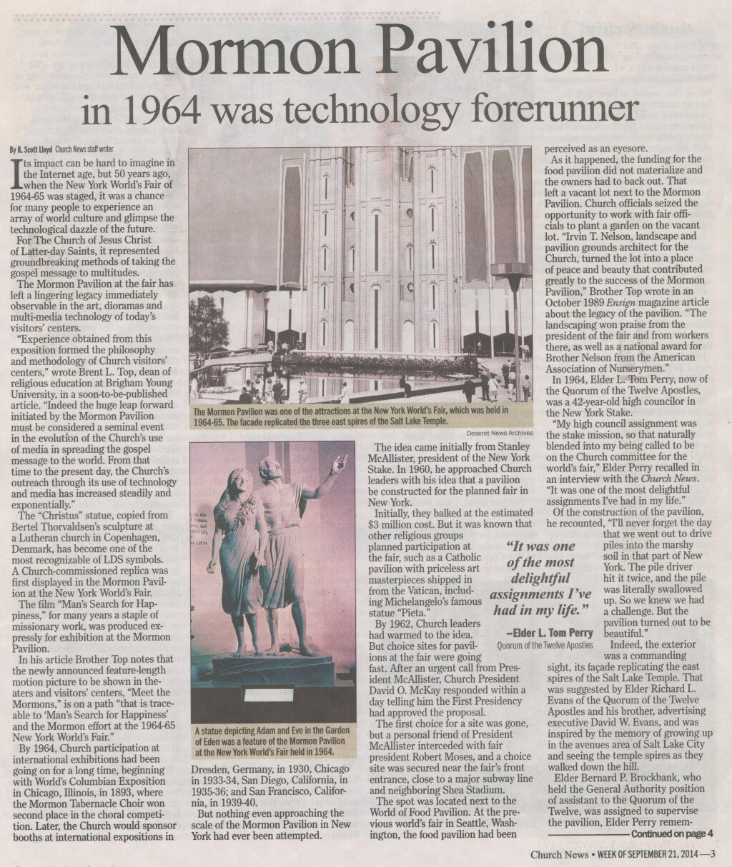 Church News, Sept. 21 2014 Mormon Pavilion in 1964