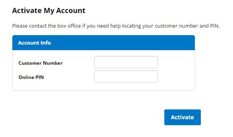 Screenshot of BYU-Idaho ticket renewal page called Activate My Account and displays an Account Information box to enter a Customer Number and Online PIN number.  A action box that says Activate is in the bottom right side of the screen.