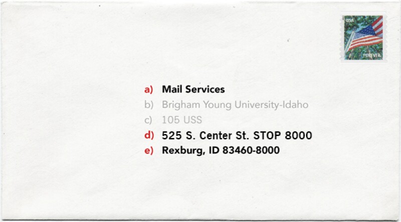 Picture shows the correct way to address a letter.
In the middle of the letter include:
a) Mail Services
b) Brigham Young University-Idaho
c) 105 USS
d) 525 S. Center St. STOP 8000
e) Rexburg, ID 83460-8000
