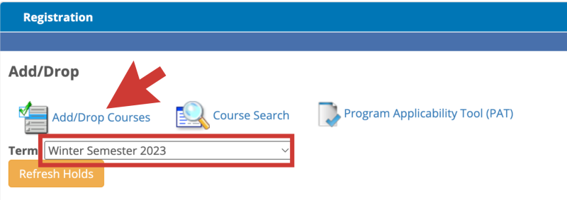 The image shows an Add or Drop Courses option and a semester drop-down menu.