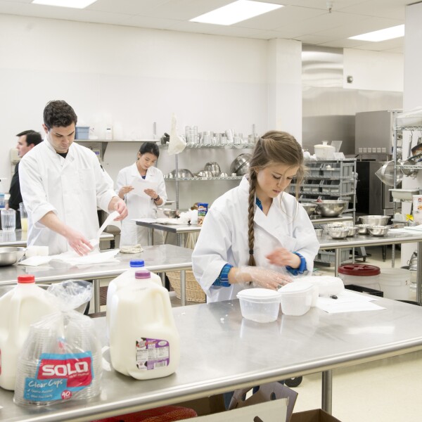 Students prepare food for taste testing in the Food Science Lab. This new major teaches students the science behind everyday foods.